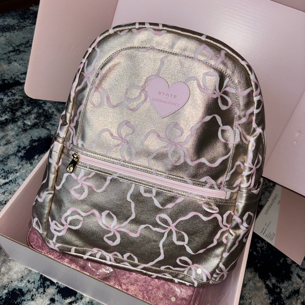 LoveShackFancy state double zip Kane backpack secret crush gold pink bow holiday